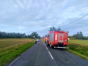 Polno-leśna droga. Po prawej stoi wóz strażacki, widać tam strażaków, po lewej policjant i inne osoby. Jest to miejsce wypadku.