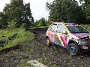 Na zdjęciu umalowany kolorowy pojazd osobowy-uczestnik imprezy motoryzacyjnej