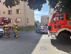 Na ulicy stoi pojazd Straży Pożarnej i oznakowany radiowóz Policji