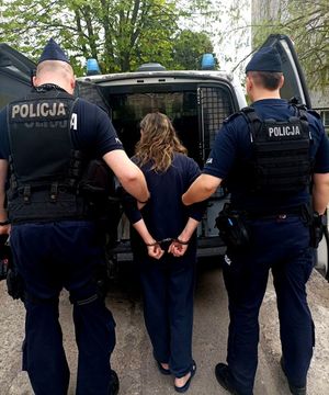 Zdjęcie dwóch policjantów oraz zatrzymanej kobiety oraz radiowóz policyjny.