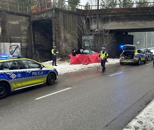 na zdjęciu widoczni są umundurowani policjanci, radiowozy policyjne na miejscu wypadku drogowego