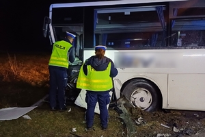 Zdjęcie przedstawia policjantów wykonujących oględziny rozbitego autobusu.