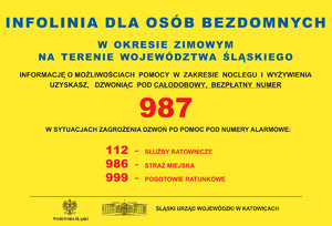 Plakat dotyczący numeru alarmowego 987 dotyczy pomocy bezdomnych