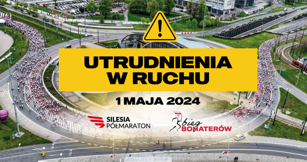 zdjęcie kolorowe: plakat przedstawiające biegaczy na katowickim rondzie i napis o treści utrudnienia w ruchu