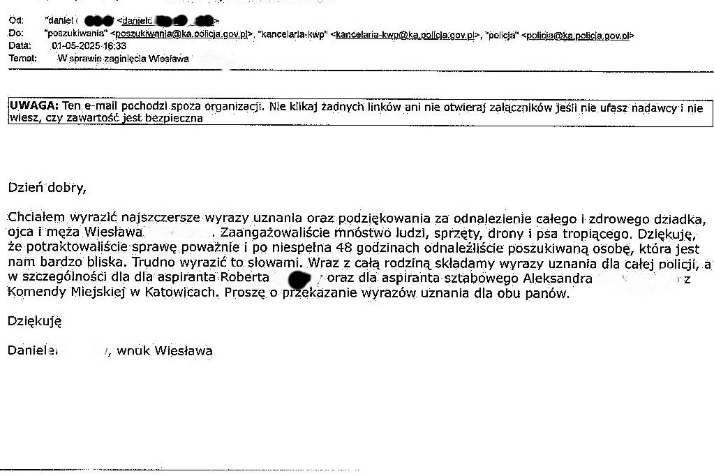 Na zdjęciu treść podziękowań