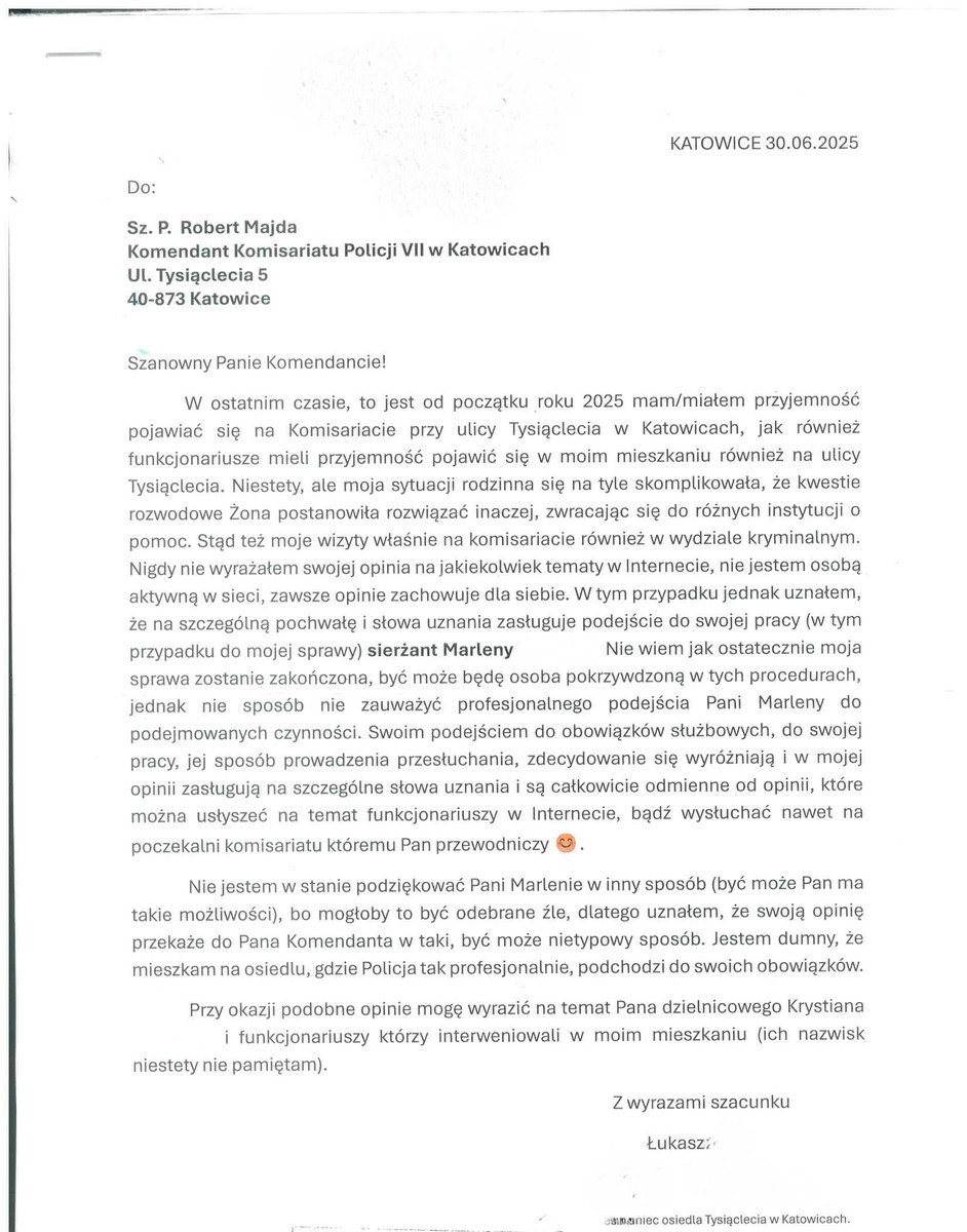 Na zdjęciu treść podziękowań