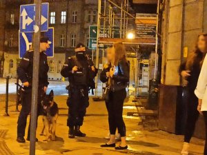 zdjęcie kolorowe: umundurowani policjanci z psami służbowymi legitymujący  kobiety w centrum Katowic