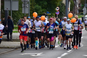 zdjęci kolorowe: grupa zawodników maratonu  na trasie biegu