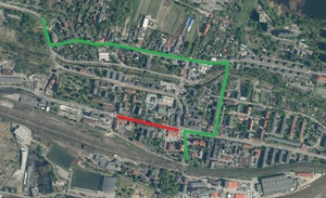 Kolorowa mapa wskazująca zamknięty odcinek ul. Bednorza w Katowicach. Mapa pobrana z googlemaps.pl.