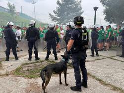 zdjęcie kolorowe: policjanci oddziału prewencji zabezpieczający przemarsz kibiców na mecz
