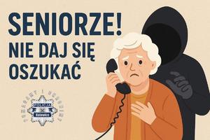 Na zdjęciu grafika na której jest seniorka z telefonem przy uchu, a za nią osoba w kapturze oraz napis Seniorze! Nie daj się oszukać