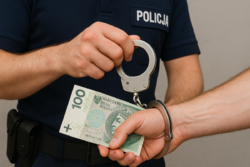 Na zdjęciu policjant zakładający kajdanki na rękę trzymającą banknoty