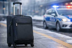 walizka a w tle radiowóz