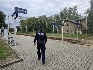 na zdjeciu widać policjanta na dworcu kolejowym