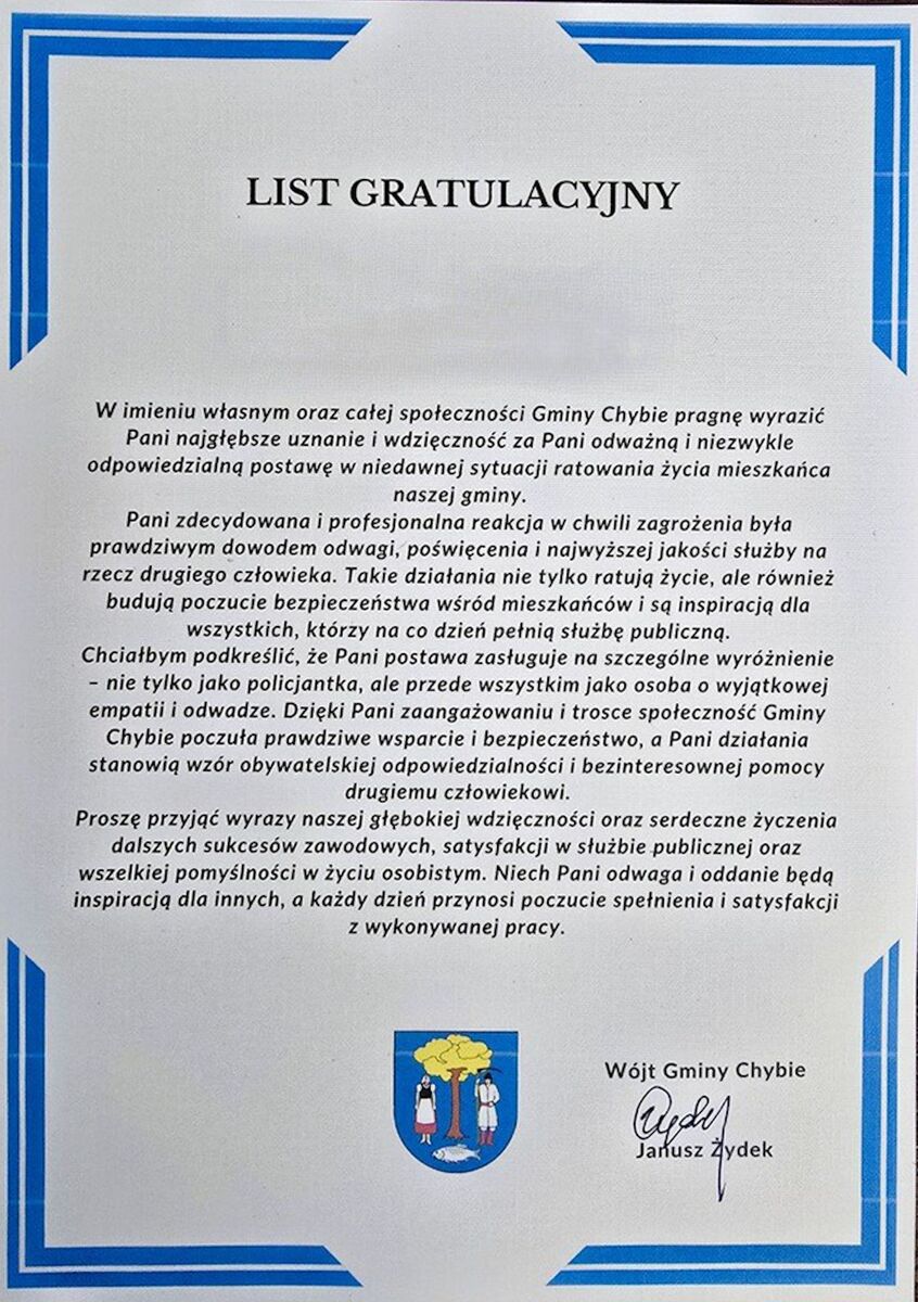 Policjantka w czasie wolnym od służby uratowała życie mężczyzny