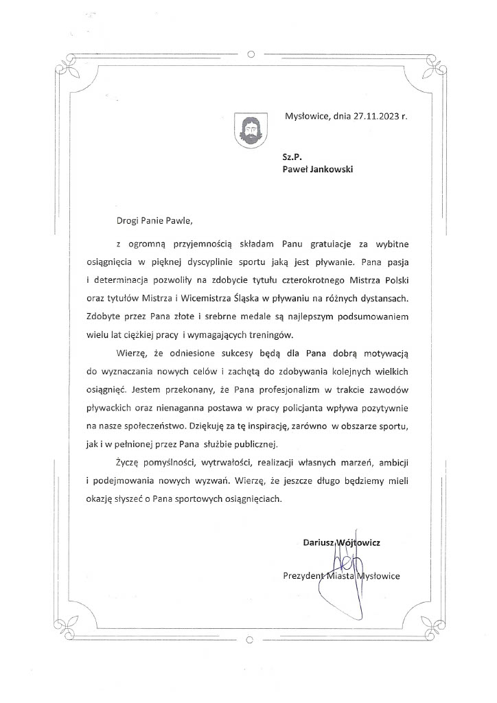 List od prezydenta kierowany do policjanta.