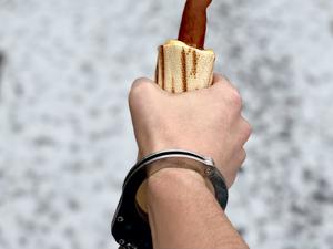 ręka trzymająca hot doga, na ręce założone kajdanki
