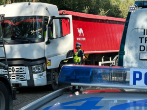 zdjęcie przedstawia policjantów w trakcie kontroli samochodu ciężarowego