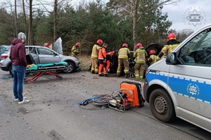 zdjęcie przedstawia policjantów na miejscu wypadku drogowego
