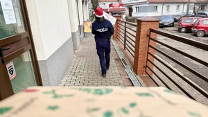 zdjęcie przedstawia policjanta niosącego paczkę dla potrzebującej rodziny