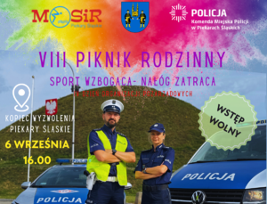 Plakat promujący wydarzenie. Przedstawia policjantów na tle Kopca Wyzwolenia,