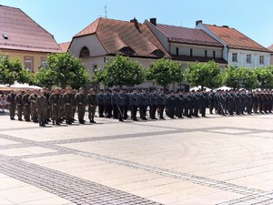 Zdjęcie kolorowe: służby mundurowe ustawione w kolumnach na rynku pszczyńskim.