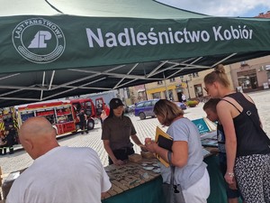 Zdjęcie przedstawia uczestników wydarzenia przy namiocie Nadleśnictwa Kobiór.