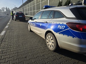 Zdjęcie przedstawia: radiowóz, a przed nim policjanta stojącego obok kontrolowanego pojazdu.