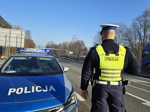 Zdjęcie przedstawia: policjanta, który stoi obok radiowozu i obserwuje ruch pojazdów.