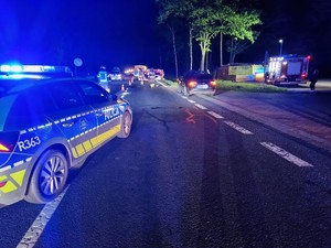 Zdjęcie przedstawia: służby mundurowe prowadzące działania przy wypadku.