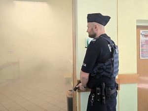 Zdjęcie przedstawia: policjanta z bronią