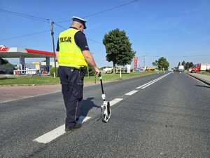 Zdjęcie przedstawia: policjanta idącego po drodze.