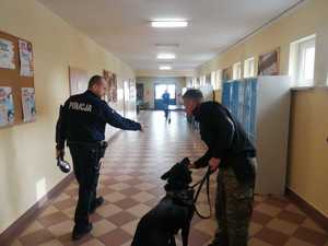 Funkcjonariusz Straży Granicznej z psem przeszukuje pomieszczenia