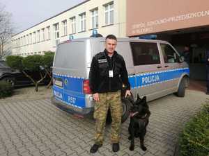 Funkcjonariusz Straży Granicznej z psem słuzbowym na tle radiowozu policyjnego