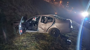 Zdjęcie przedstawia samochód osobowy m-ki Skoda w rowie