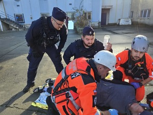 na zdjęciu widać jak policjant pomaga osobom poszkodowanym w wypadku