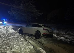 na zdjęciu audi w rowie i policja stoi