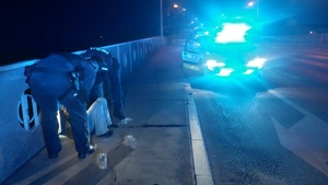 na zdjęciu policjanci i poszkodowana na moście