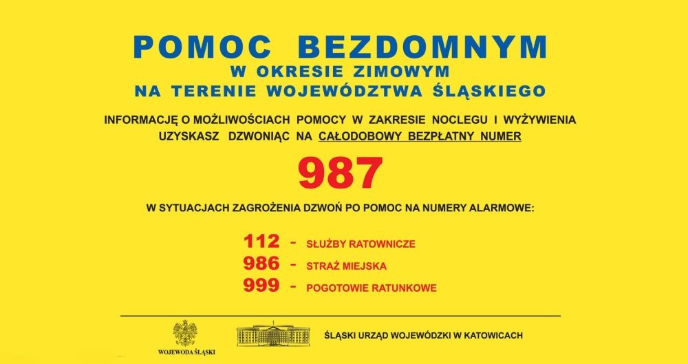 grafika, plakat z informacją dla bezdomnych i numerem telefonu infolinii - desekrypcja grafiki znajduje się na dole strony