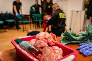zdjęcie - na pierwszym planie kuweta w której znajduje się mięso, bandaż i strzykawka z płynem koloru czerwonego, w tle kilka osób biorących udział w szkoleniu z udzielania pierwszej pomocy
