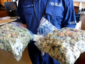 policjant trzyma dwa worki z marihuaną