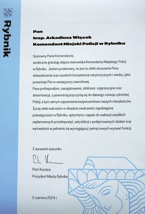 List Gratulacyjny Urząd Miasta Rybnik.