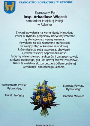 List gratulacyjny Starostwo Powiatowe w Rybniku.