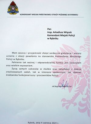 List gratulacyjny Państwowa Straż Pożarna w Rybniku.