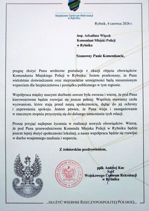 List Gratulacyjny Wojskowe Centrum Rekrutacji w Rybniku.