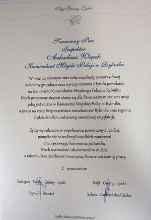 List Gratulacyjny Gmina Lyski.