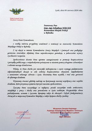List gratulacyjny - Polski Związek Straży Miejskich i Gminnych.