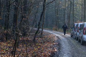 Na zdjęciu policjant podczas poszukiwań i ćwiczeń sztabowych.