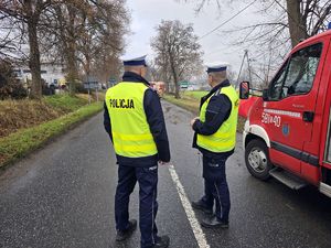 Na zdjęciu policjanci ruchu drogowego podczas wykonywania czynności.