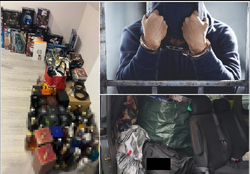 Na zdjęciu odzyskany alkohol, zatrzymany mężczyzna.